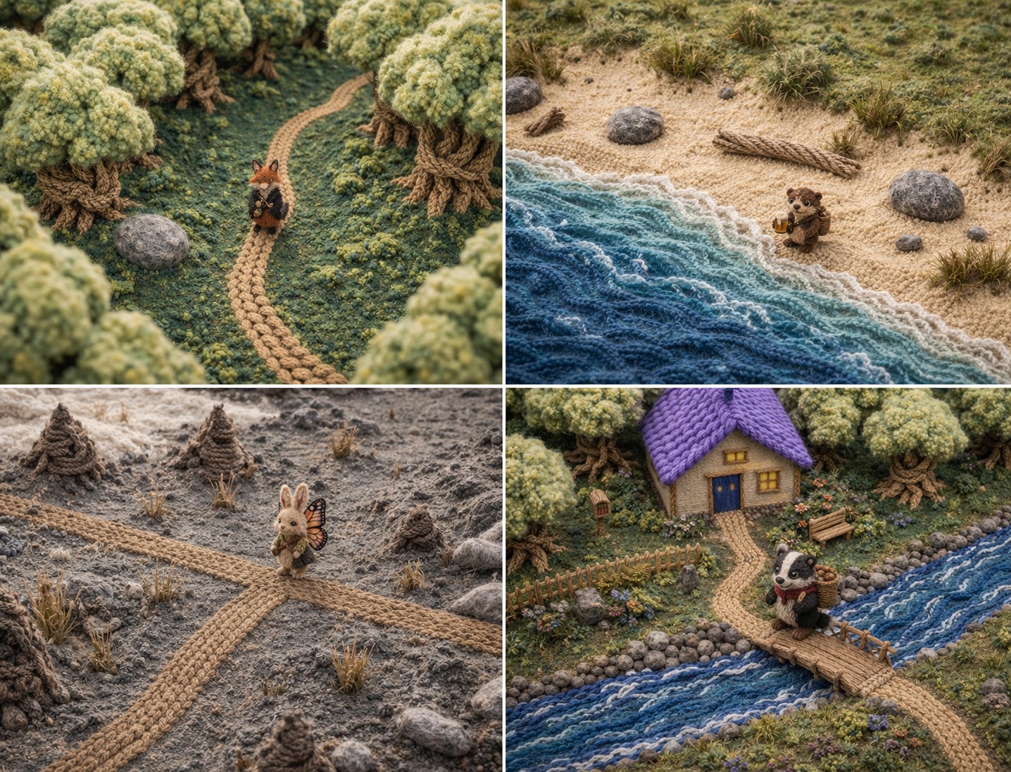 Concept art: four handmade diorama scenes showing knitted characters in forest, coast, mountain, and village environments